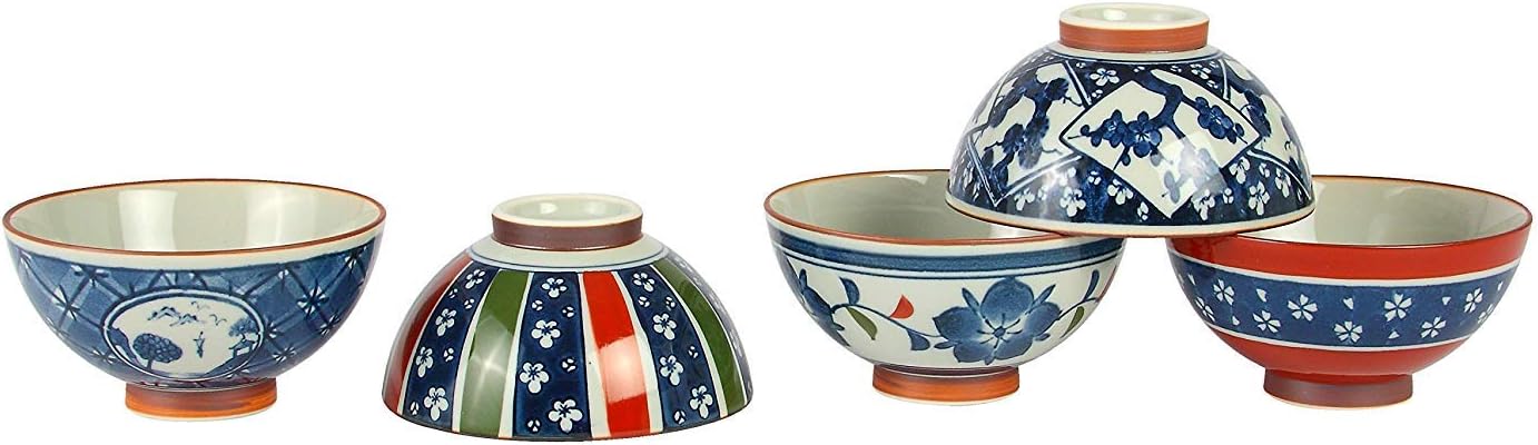 Saikai Pottery Traditional Hasami-yaki Japanese Porcelain Rice Bowls Set of 5 Bowls Made in Japan (Sometsuke Indigo Red)