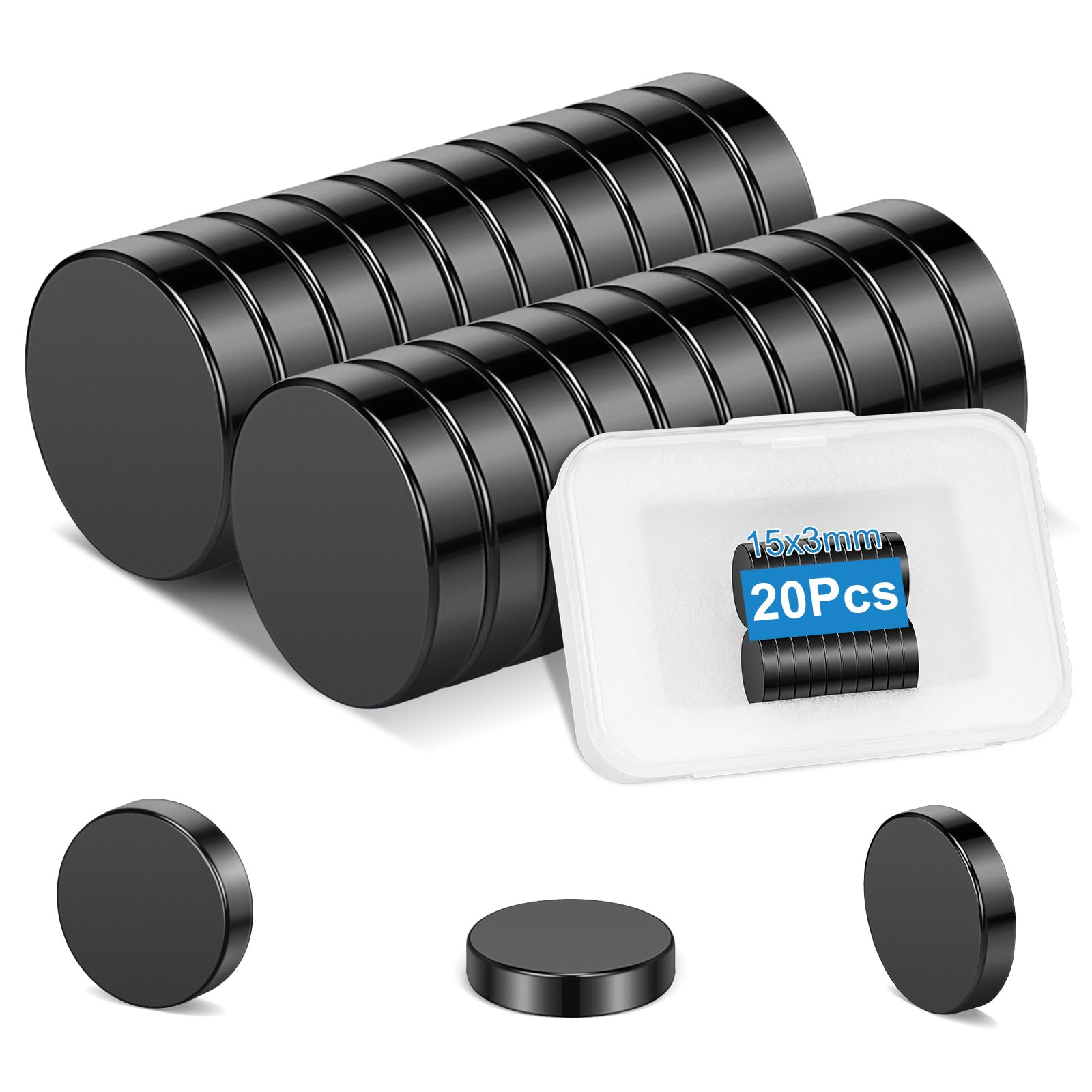 Wzone 20PCS Black Round Magnets, 15x3 mm Strong Small Magnets for Crafts, Fridge, DIY, Picture, Office, School, Home, Kitchen, Whiteboard