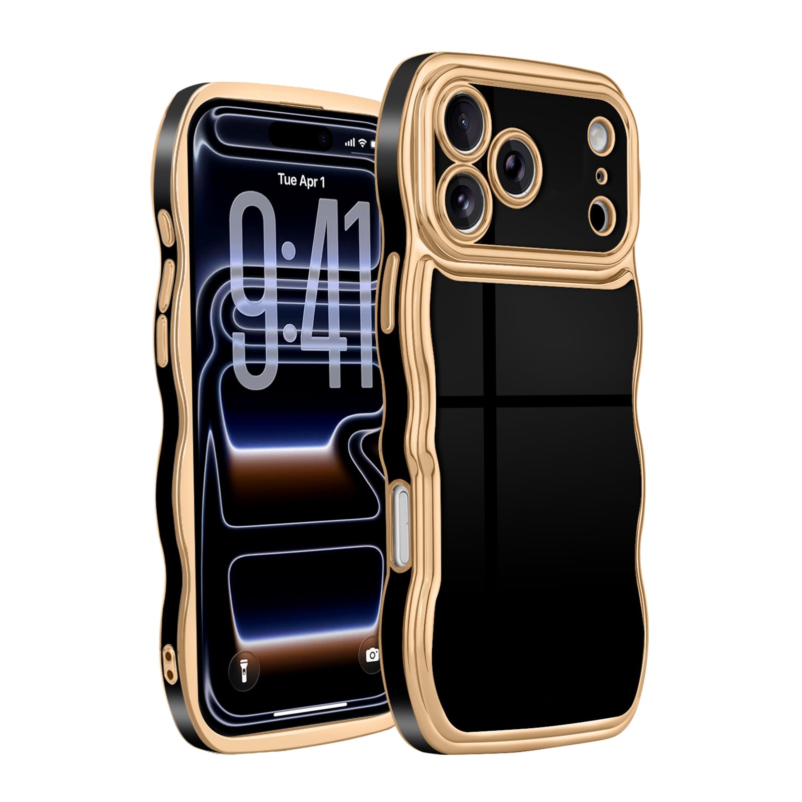 Teageo Wavy Phone Case for iPhone 17 Pro for Women Girls, Cute Girly Design Curly Wave Frame Soft TPU Silicone Shockproof Gold Electroplate Aesthetic Protective for iPhone 17 Pro, Black