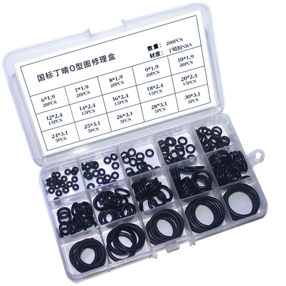 NETUME 200 Pcs 15 Sizes Black Nitrile O Rings - Assorted Rubber Grommets Kitchen Tap Washer for Mixer Taps and Plumbing, Rubber Spacer Gasket Seal O-Ring Kit
