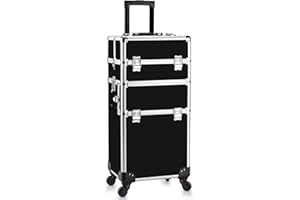 OUDMAY Makeup Train Case - 2 In 1 Aluminum Professional Rolling Cosmetics Storage Organizer With Locks and Folding Trays Black