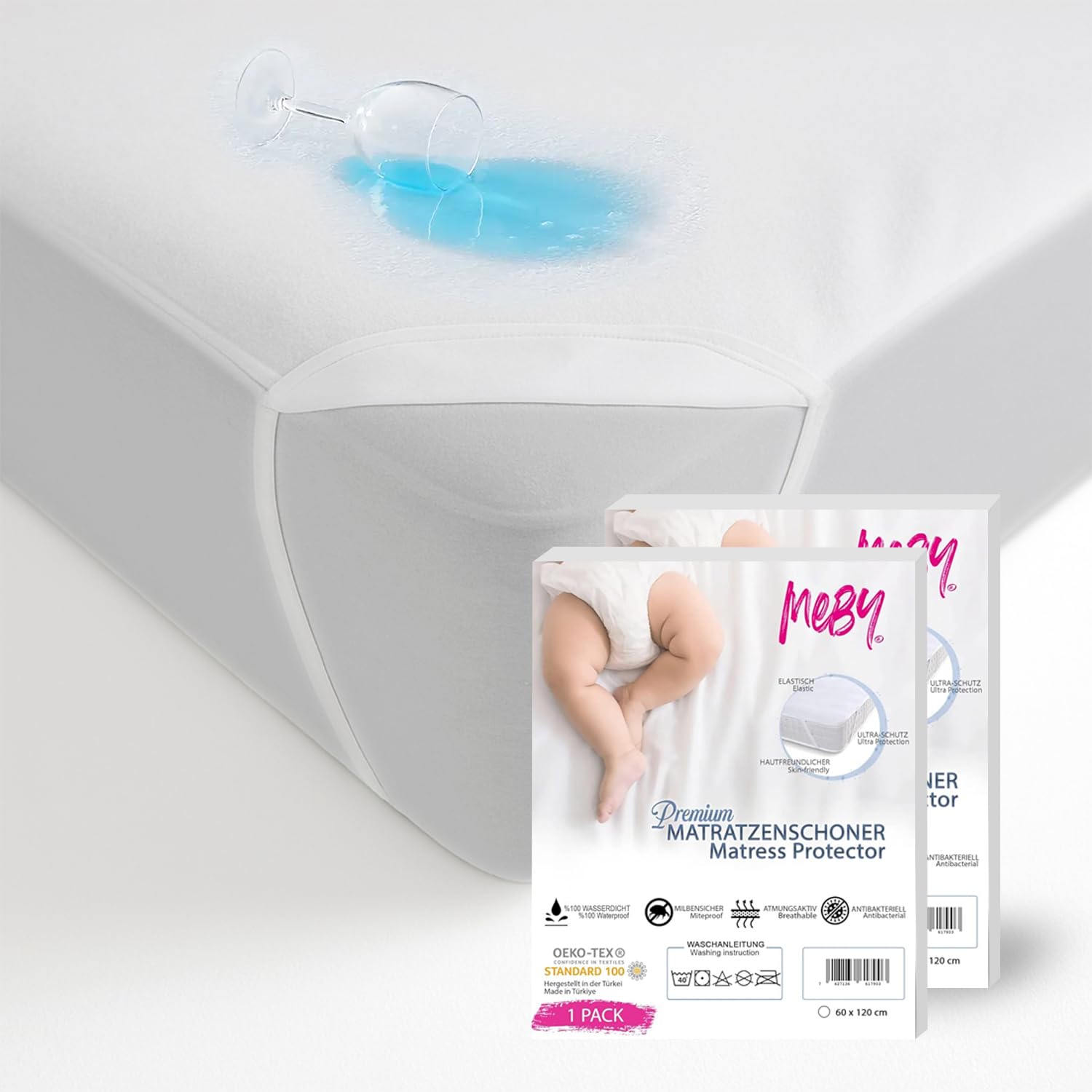 MEBY 60 x 120 cm Waterproof Mattress Protector for Baby. Breathable Cotton Mattress Protector, Waterproof, Moisture Protection, Elastic, Crinkle-Free Incontinence Pad (Set of 2)
