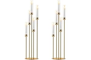 SIMPREFINE Gold Candelabra with Glass Cylinders for Real Candles 5 Arms Metal Candle Holder Wedding Event Party Home Decoration Centerpiece (2, L)