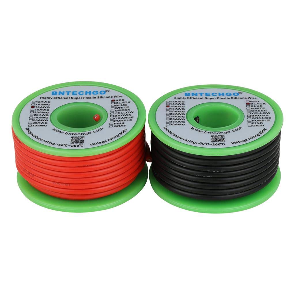 BNTECHGO 16 Gauge Silicone Wire Spool 50 ft Ultra Flexible High Temp 200 deg C 600V 16 AWG Silicone Wire 252 Strands of Tinned Copper Wire 25 ft Black and 25 ft Red Stranded Wire for Model