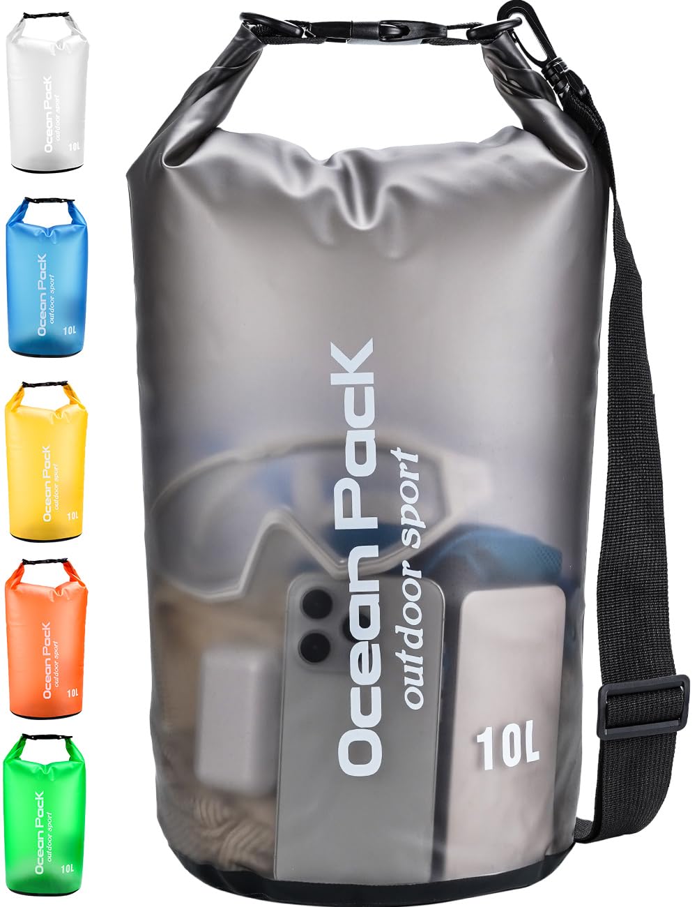 Henrycares Waterproof Dry Bag 20L 10L 5L, Sack with Phone Dry Bag and Long Adjustable Shoulder Strap Included, for Traval, Camping, Hiking, Swimming, Boating, Fishing (Black, 10L)