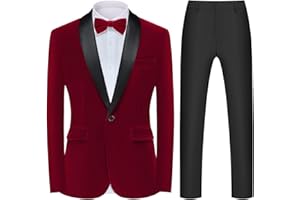 MAGE MALE Men's 2 Piece Velvet Suit Peak Lapel One Button Slim Fit Tuxedo Blazer Party Dinner Jacket & Pants