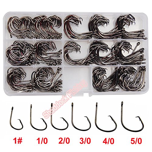 Shaddock Fishing Â® 300pcs/box 2X Sharp Fishing Circle Hooks Assorted Offset Octopus Circle Hooks Black High Carbon Steel Fishing Hooks Set Fishing Tackle-No. 7381 & Size #1-5/0