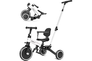 XJD Toddler Bike, 6 in 1 Folding Toddler Tricycle for 1-4 Year Old with Parental Control Handle, Balance Bike with Removable Pedal, Backrest, Adjustable Seat, First Christmas Birthday Gifts (White)