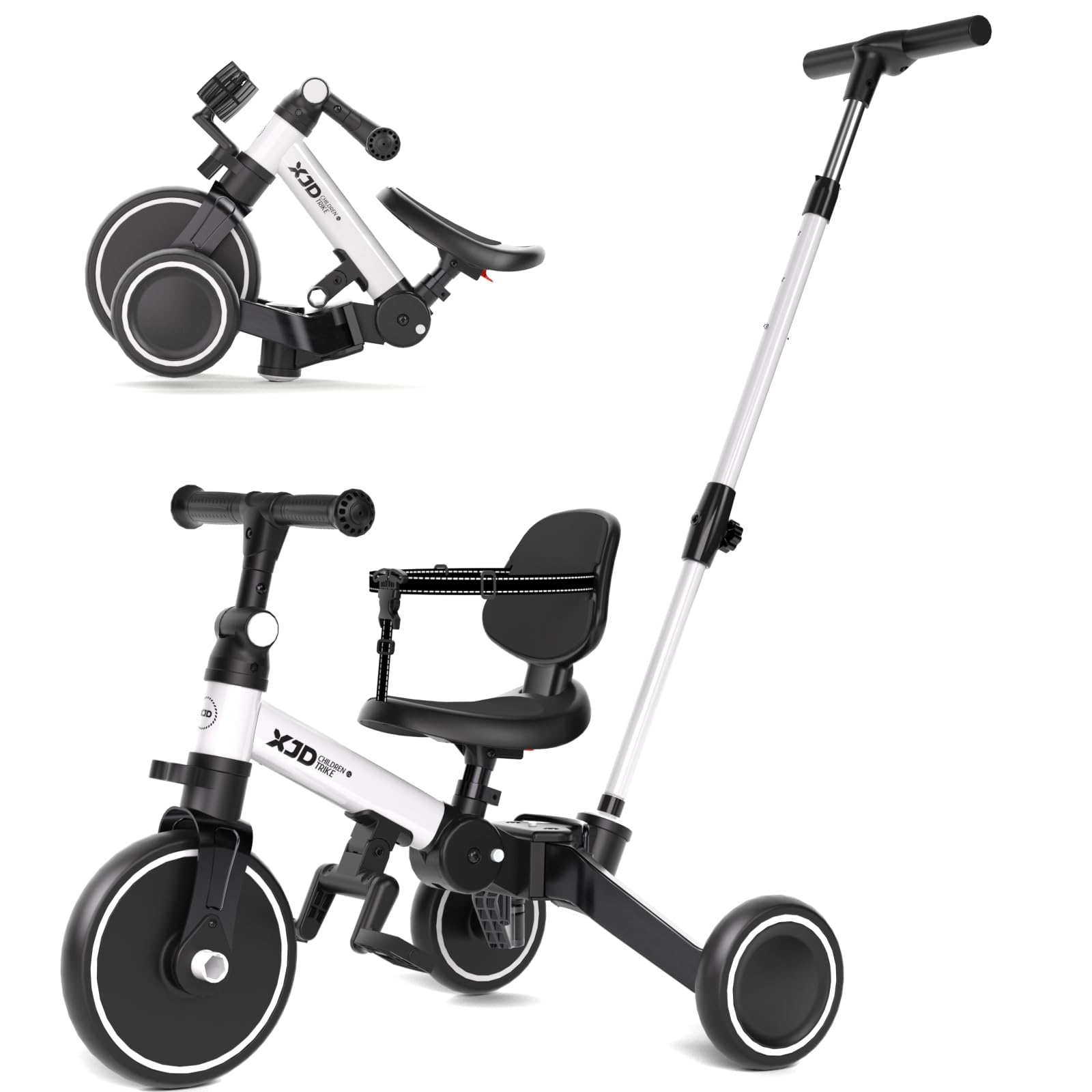 XJD Toddler Bike, 6 in 1 Folding Toddler Tricycle for 1-4 Year Old with Parental Control Handle, Balance Bike with Removable Pedal, Backrest, Adjustable Seat Height, First Birthday Gifts (White)