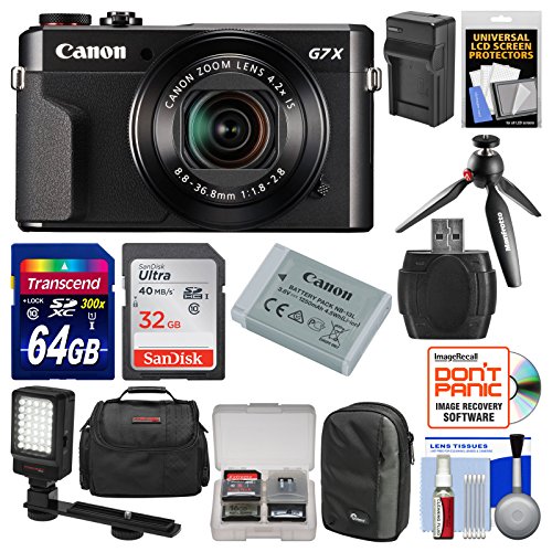 Canon PowerShot G7 X Mark II Wi-Fi Digital Camera Video Creator Kit + Canon Battery + Manfrotto Tripod, 32GB & 64GB Card + Case + Light + Charger Kit