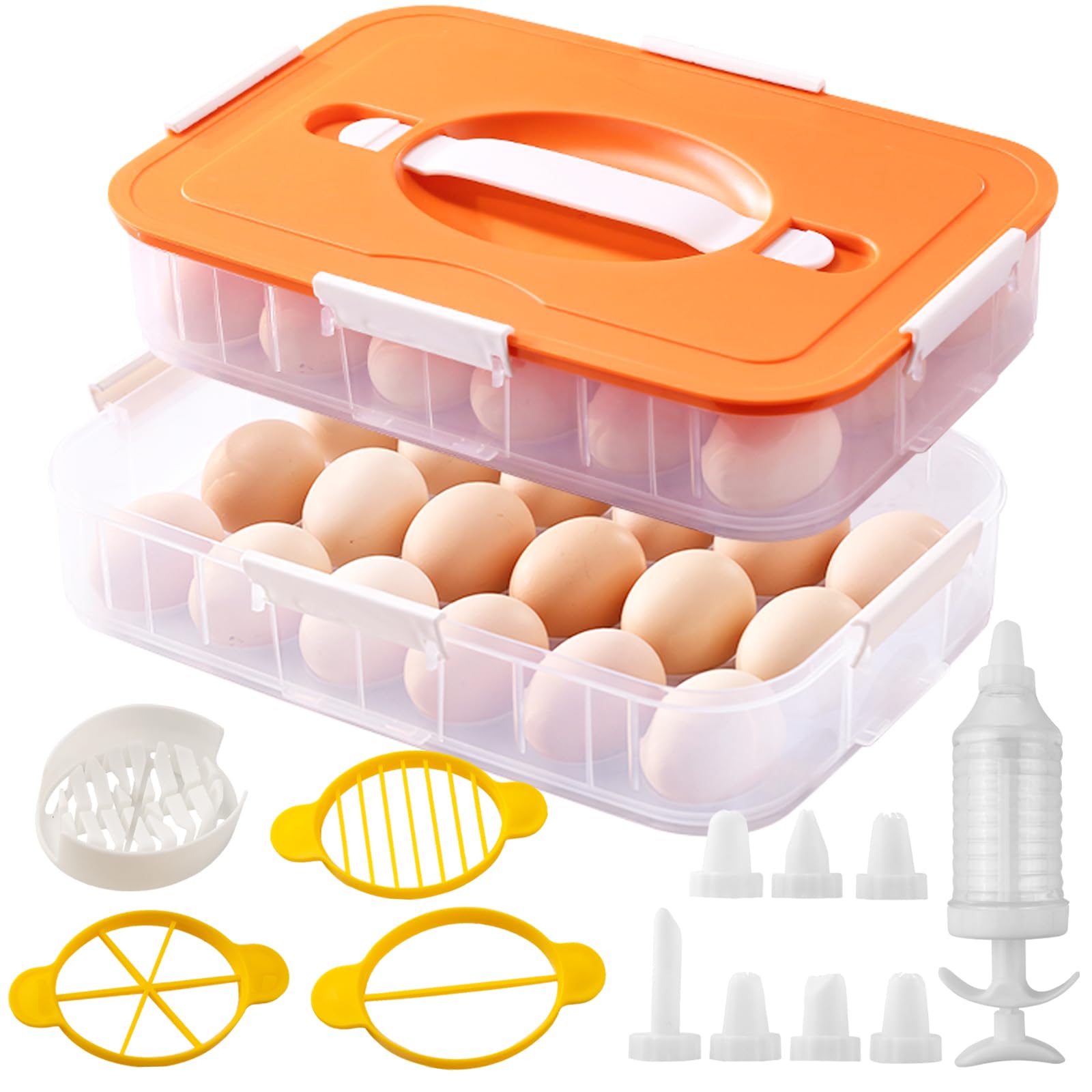 Photo 1 of 2 Layer Deviled Egg Containers with Lid, 36 Slots Deviled Egg Tray Carrier with Handle and Injector Piping Tool, Fridge Stackable Portable Clear Storage Egg Platter for Party Picnic Travel (Orange)