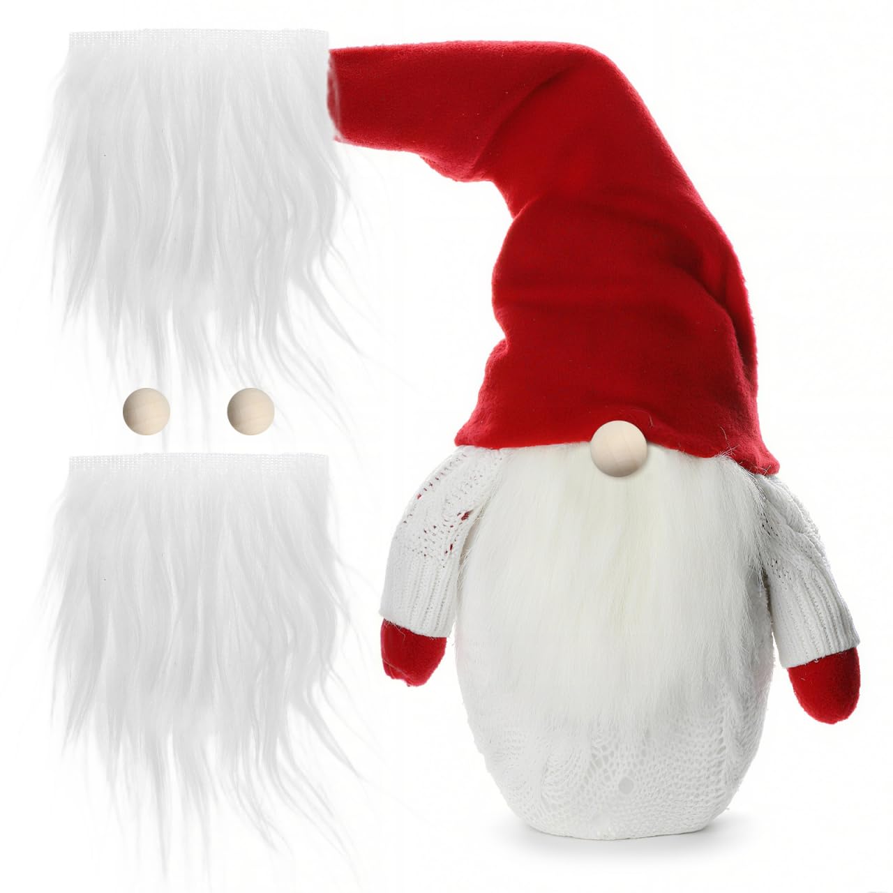 Cabilock 24PCS Pre-Cut Gnome Beard, Fake Beards with Wood Balls Kits, Faux Fur Costume Handmade Dwarf Making Supplies for Halloween Christmas Crafts, White