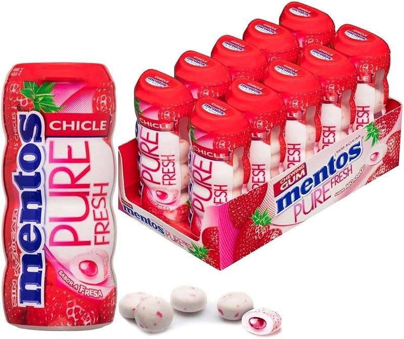 Pure Fresh Kaugummi | Zuckerfrei | Erdbeere | 10 Dosen (je 15 Dragees) | 150 Stück