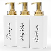Akalin Refillable Shampoo and Conditioner Bottles, 16oz White and Gold Soap Dispenser Bathroom, Shampoo and Conditioner Dispenser for Bathroom Lotion Body Wash Massage Oils (White)