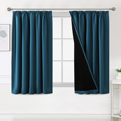 BellaHills 100% Blackout Curtains 66x54 Teal Pair Pencil Pleat Thermal