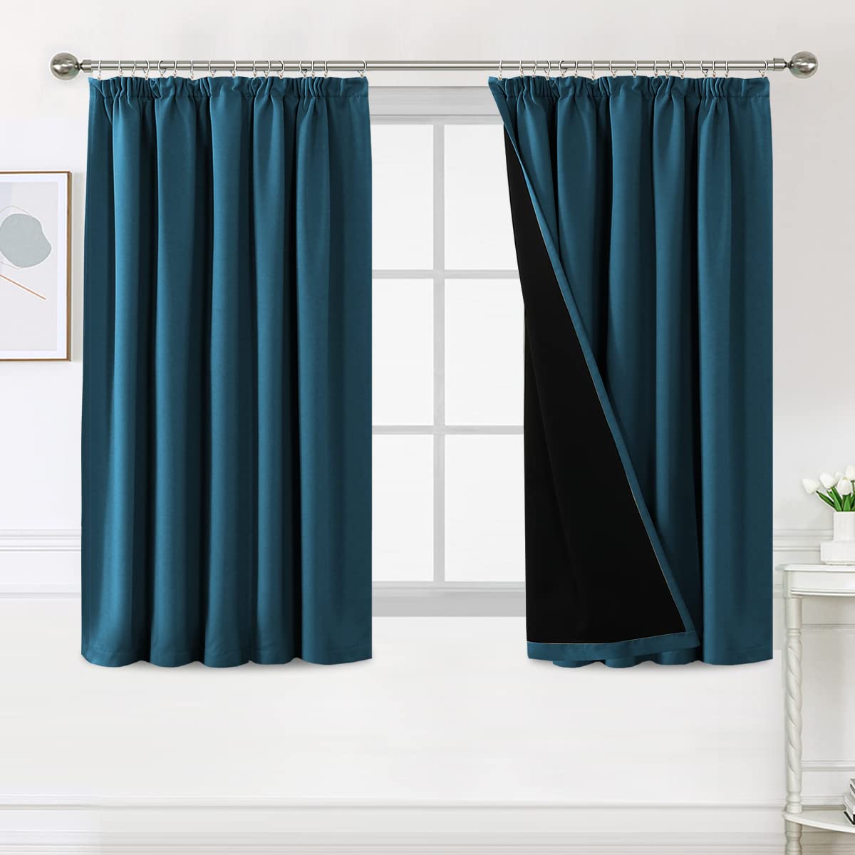 BellaHills 100% Blackout Curtains for Bedroom Thermal Insulated Curtains & Drapes Blackout Curtains Pencil Pleat Curtains for Living Room with Black Liner 2 Panels, 66 x 54 Inch, Dark Teal