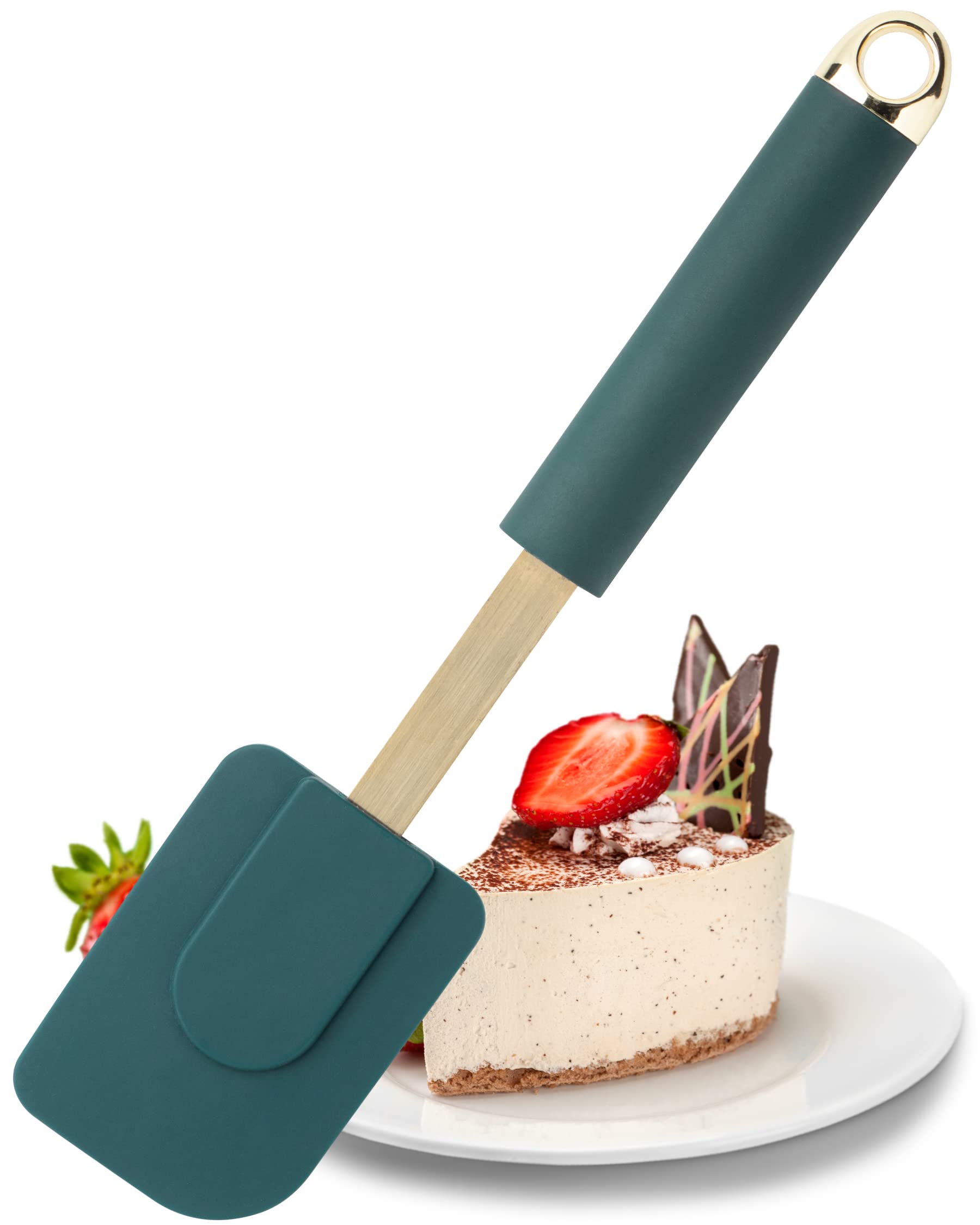 Heat Resistant Silicone Spatula Turner - 27cm Non Scratch Silicone Utensil Kitchen Tool, Sturdy Stainless Steel Core, Secure Handle, Good for Non Stick Cookware. 5yr Guarantee, Green and Gold