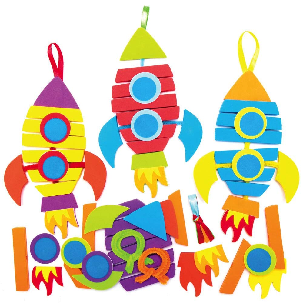 Baker Ross AX194 Rocket Stacking Decoration Kits - Pack of 6, Make Your Own Ornaments for Kids Craft Activities or Art Parties and Small Gifts