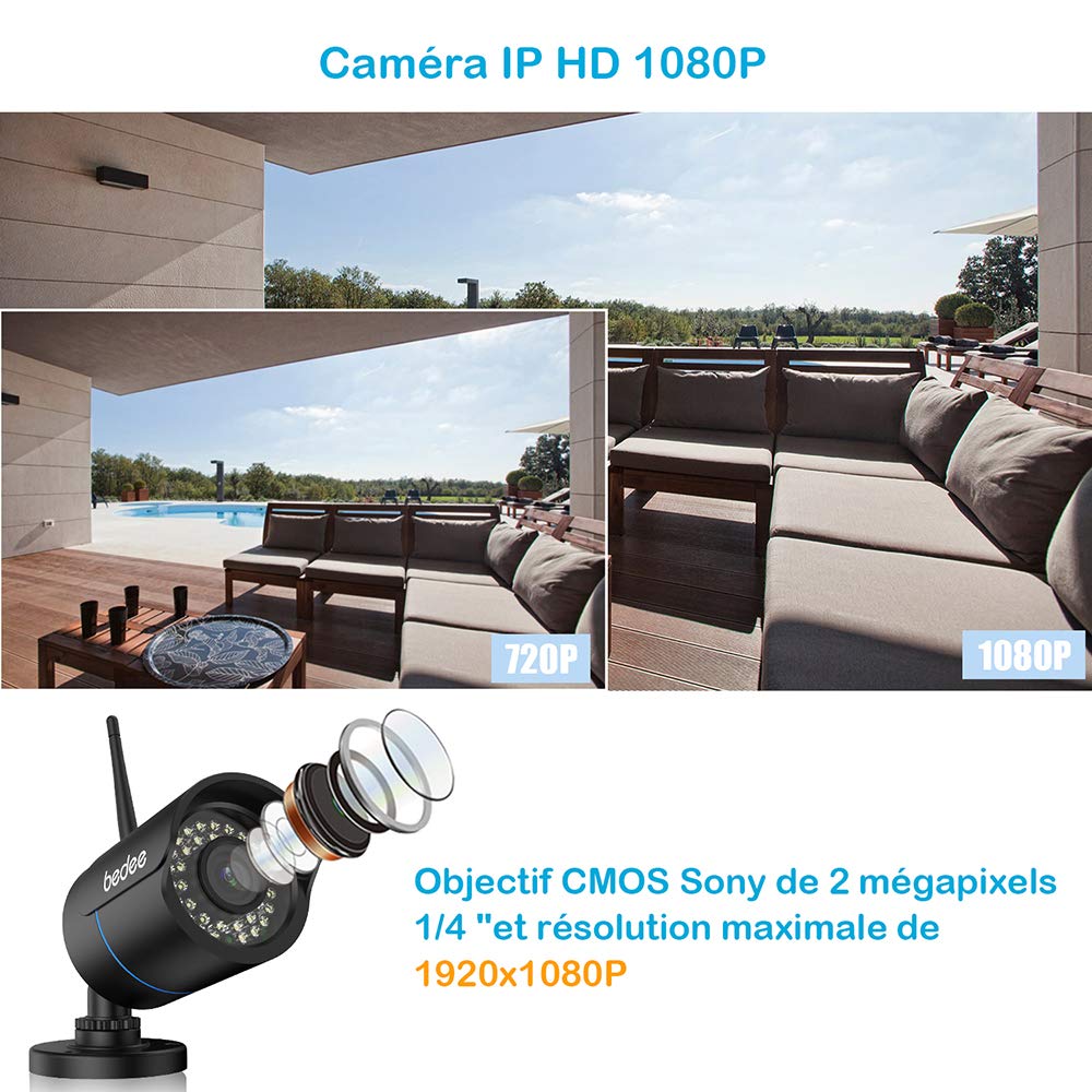 IP Camera Exterieur, Camera de Surveillance Exterieur WiFi sans Fil, HD 1080P Etanchéité IP66, Visibilité Nocturne à 25m, Détection de Mouvements pour Extérieur, Max la Carte SD jusqu\'à 128G