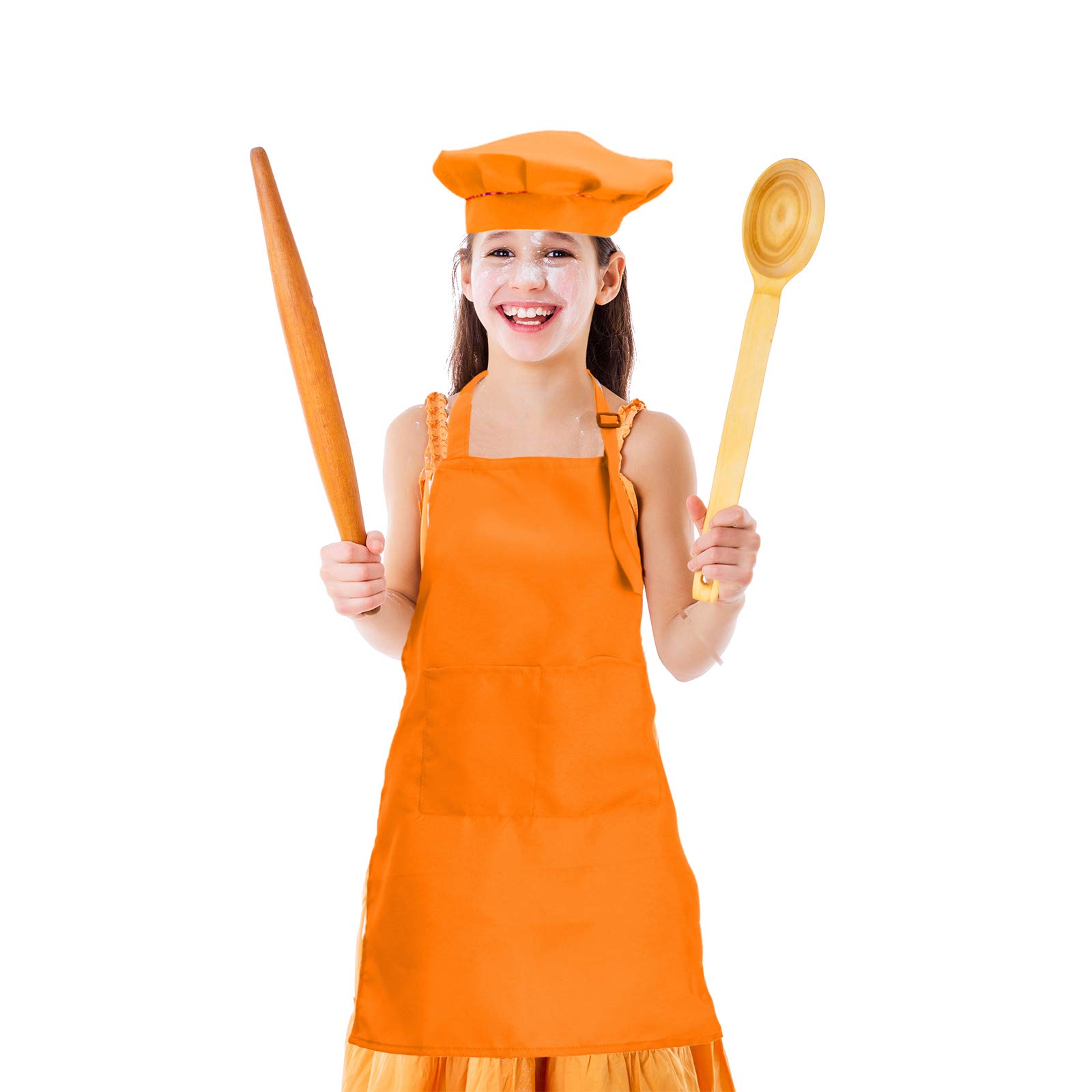 CWFUN Kids-Child's Orange Apron and chef hat Set,Aprons for Kids-Boys Girls Adjustable Aprons-Children Kid's Kitchen Cooking and Baking Wear(4-12 Years Old) (Orange, Large)