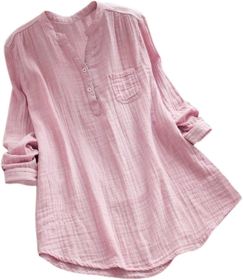 Womens Solid Plus Size Long Sleeve Cotton Loose Tunic Tops T Shirt Blouse