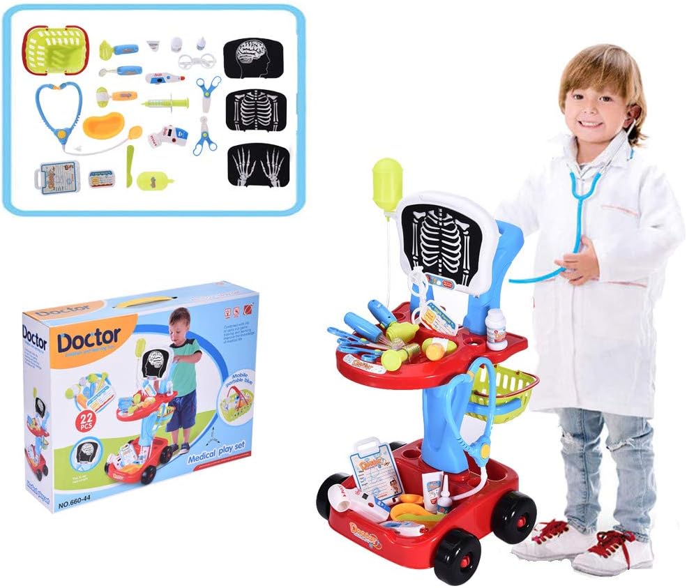 Youen Doctor Kit for Kids, Toddler Electric Simulation Medical Trolley Pretend Playset with Analog Scanner Accessories Role Play Preschool Educational for Boy Girl Age 3+ Year Old (Red | 22Pcs)