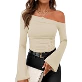 ZESICA Women's Off Shoulder Bell Long Sleeve Going Out Tops | Fitted T-Shirt, Asymmetrical Top, Ruched, 2026 Fall Fashion, Trendy Tops, Date Night, Y2K Outfits, Business Casual, Clothes