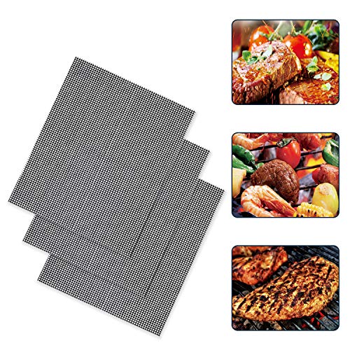 BBQ Grill Mesh Mat Set of 3-Non Stick Barbecue Grill Sheet Liners Grilling Mats Nonstick Fish Vegetable Smoking Accessories-Works on Smoker,Pellet,Gas,Charcoal Grill