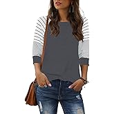 ReachMe Women's Casual 3/4 Sleeve T Shirts Crewneck Striped Raglan Sleeve Tee Shirts Loose Fit Blouses