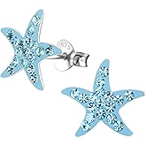 925 Sterling Silver 13mm Blue Aquamarine Crystal Star Fish Starfish Stud Earrings (Nickel Free) 5221