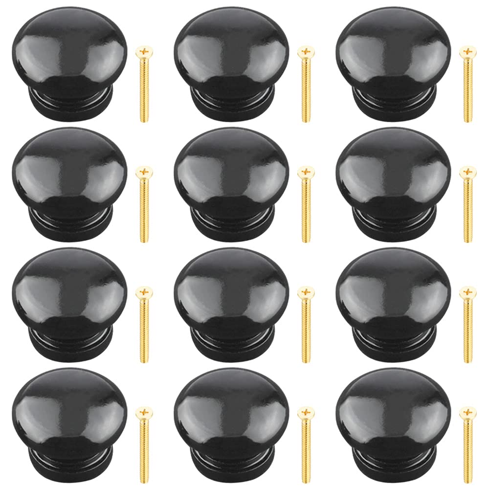Yijunmca 12 Pack Round Cabinet Pulls - 34mm Wooden Drawer Knobs With Screws for Dresser, Furniture, Kitchen, Bathroom Cupboards, Shutters, Wardrobe - Mushroom Shape Handle, Black