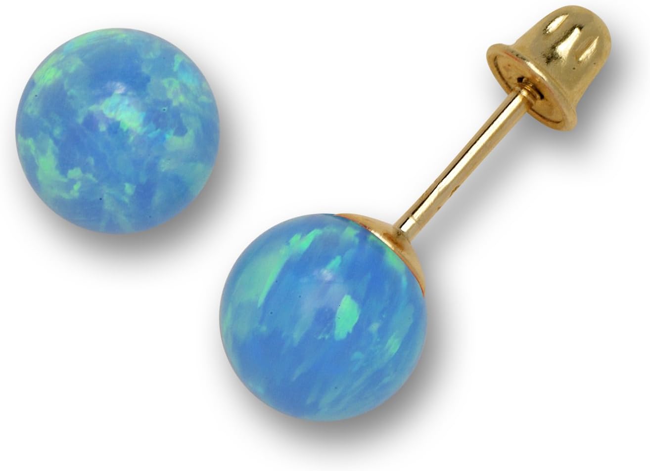 Solid 14K Yellow Gold Blue, White, Green, Pink Simulated Opal 6mm Ball Post Stud Screw-back Earrings for women