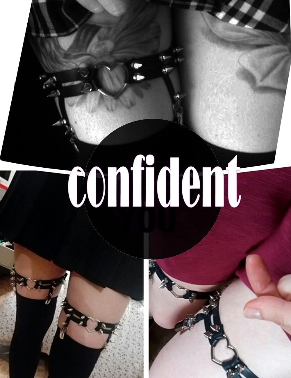 Adove Women Adjustable Leather Thigh Garter, Heart Shaped Leg Garter with Clips punk goth Garters for thigh high socks black