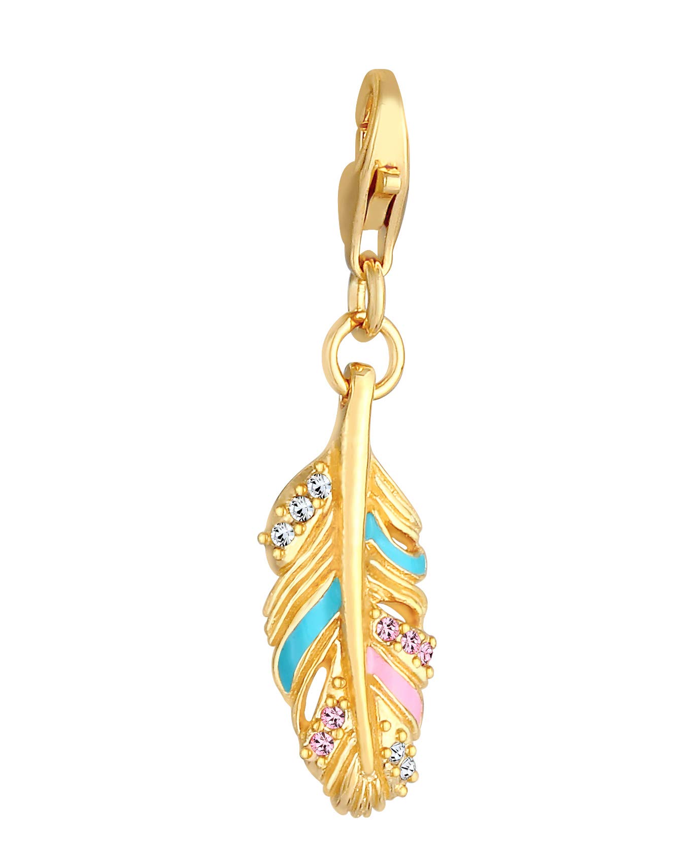 Feather Charm Pendant 925 Sterling Silver Gold-Plated for Women and Girls, Golden Angel Feather Symbol with Crystals, Charms Pendant Fits All Standard Charm Bracelets and Charm Necklaces