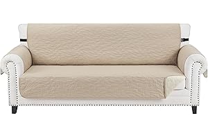 CUCRAF Non Slip Quilted Sofa Cover, Water Resistant Slipcover Furniture Protector for 3 Cushion Sofa Pet Friendly, Washable Couch Cover with Adjustable Elastic Straps (Large, Beige)