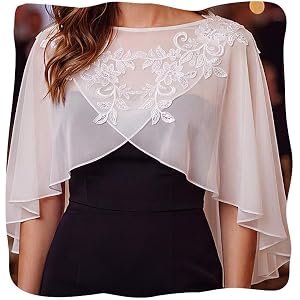 JAKAWIN Womens Chiffon Shawl White Lace Flower Cape Bridal Capelet | Prom Dressy Wrap