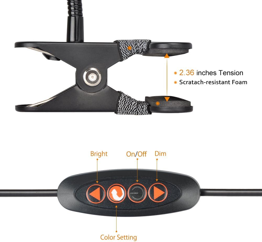 LEPOWER 4W Led Clip on Light/Reading Lights/Night Book Light/Clamp on Lights, 3 Color Temperature Settings Stepless Adjustable Brightness Clip Lamps for Desk, Bed Headboard, Computer and Piano - - 