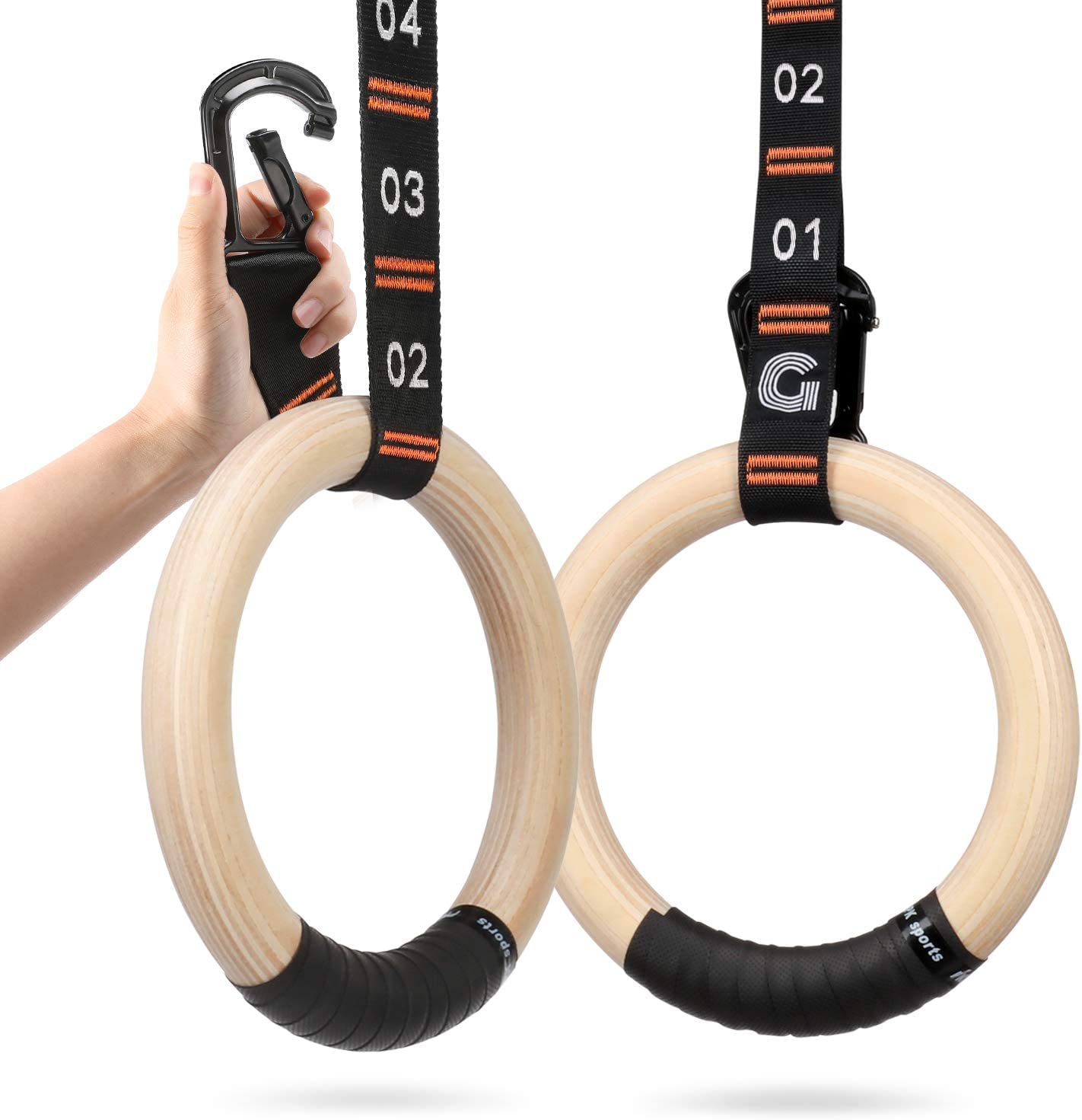 Photo 1 of Gonex Wooden Gymnastic Rings with Adjustable Number Straps, Olympic Rings for Gym, Workout, Exercise, Outdoor Training, Quick Install Carabiner, 8.7 ft Straps Pull Up Non-Slip Rings