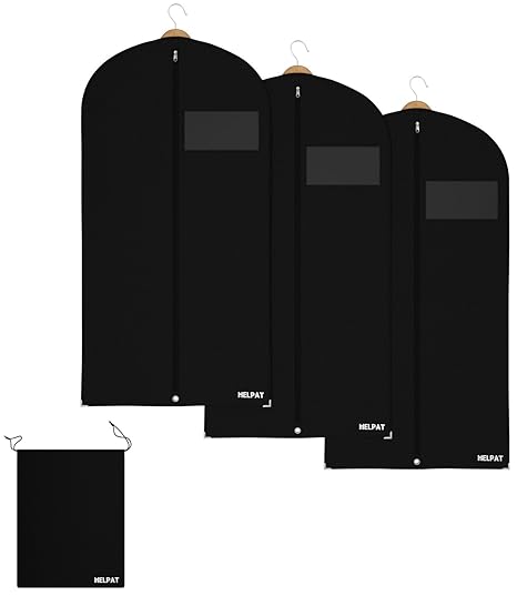 HELPAT 3X Kleidersack inkl. Schuhbeutel | 120 x 60 cm | schwarz | Hochwertiger Anzugsack | Atmungsaktive Kleiderhülle
