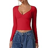 QINSEN Women's Long Sleeve V Neck T Shirts Double Lined Crop Top Seamed Cup Going Out Tops