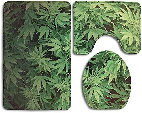 QDXY Bamboo Leaves Bath Mat 3 Piece Bathroom Rug Set Flannel Non Slip Toilet Seat Cover Set Large Contour Mat Lid Cover