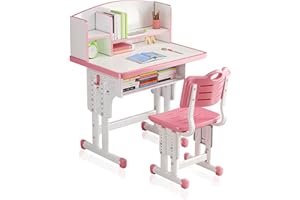 WGLAWL Kids' Study Desk Chair Sets, Pink, Adjustable Height, Ergonomic Design, Large Storage Drawer, Built-in Bookshelf, Bedroom Furniture