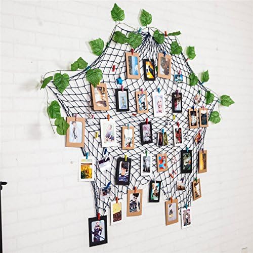 Mediterranean Decorative Fish Net Photo Wall with Sea Shells , Clips, and 30 Wooden Clips &amp; 30 Paper PicturesFrames 7" for Dorm Home Bar Wall Decorations HomRing