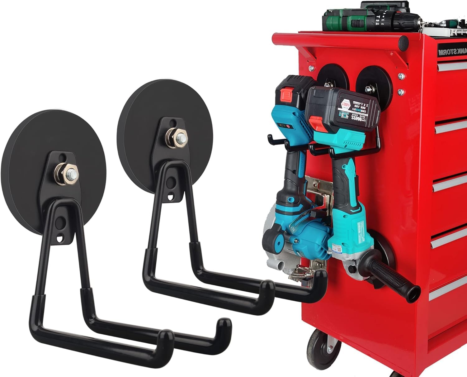 ULIBERMAG Magnetic Hooks,Heavy Duty Magnet Hooks,Large Manget with Hooks for Hose,Jig Saw,Circular Saw,Workshop Organization,2 Pack Tool Hooks for Hammer Drill,Garden Tool(Red/Black Color Random)