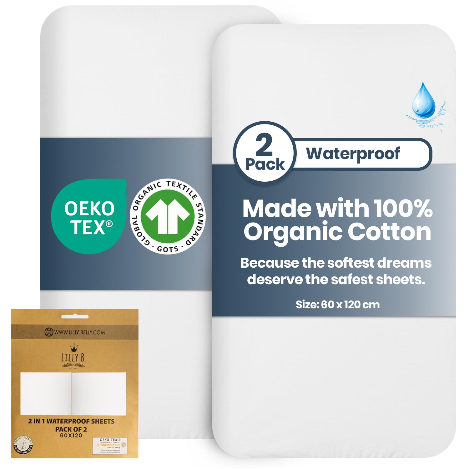 Lilly Belly - Next to Me Crib Sheets | Cot Bed Sheets | Waterproof Cot Sheets use as Mattress Protector | Baby Essentials for Newborn - 100% Organic Cotton 120 x 60 Cot Fitted Sheet - Pack of 2