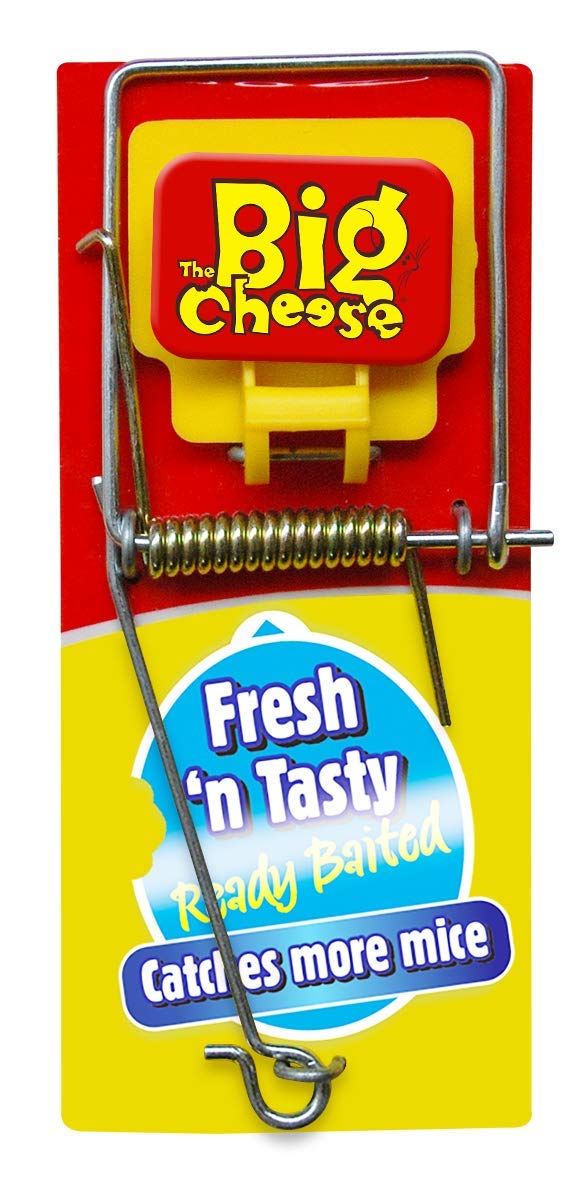 The Big Cheese Fresh Baited Mouse Trap, Kills Mice with Spring Mechanism, Ready-To-Use, Plastic Coated Wood for Easy Cleaning, Indoor and Outdoor Use, Yellow
