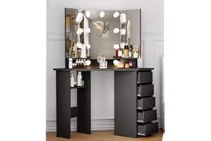Likein Corner Vanity Desk, Black Makeup Vanity with Lights, Bedroom Small Vanity Table with Lighted Mirror, Makeup Desk with Drawers and Mirror for Women Girls, 3 Lighting Modes Brightness Adjustable