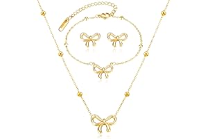 YANCHUN Bow Necklace Earrings Bracelet Gold Jewelry Set Trendy Bowknot Ribbon Choker Necklace for Women Bow Stuff for Christmas Dress Sweaters Shirts Stocking Stuffers Christmas Gifts 2025