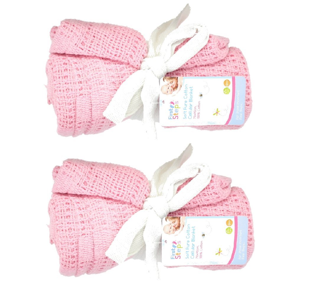 RSW Pair of 100% Pure Cotton Cellular Baby Blanket for Pram Cot Bed Moses Basket Crib in Blue Pink or White (2 x Pink)
