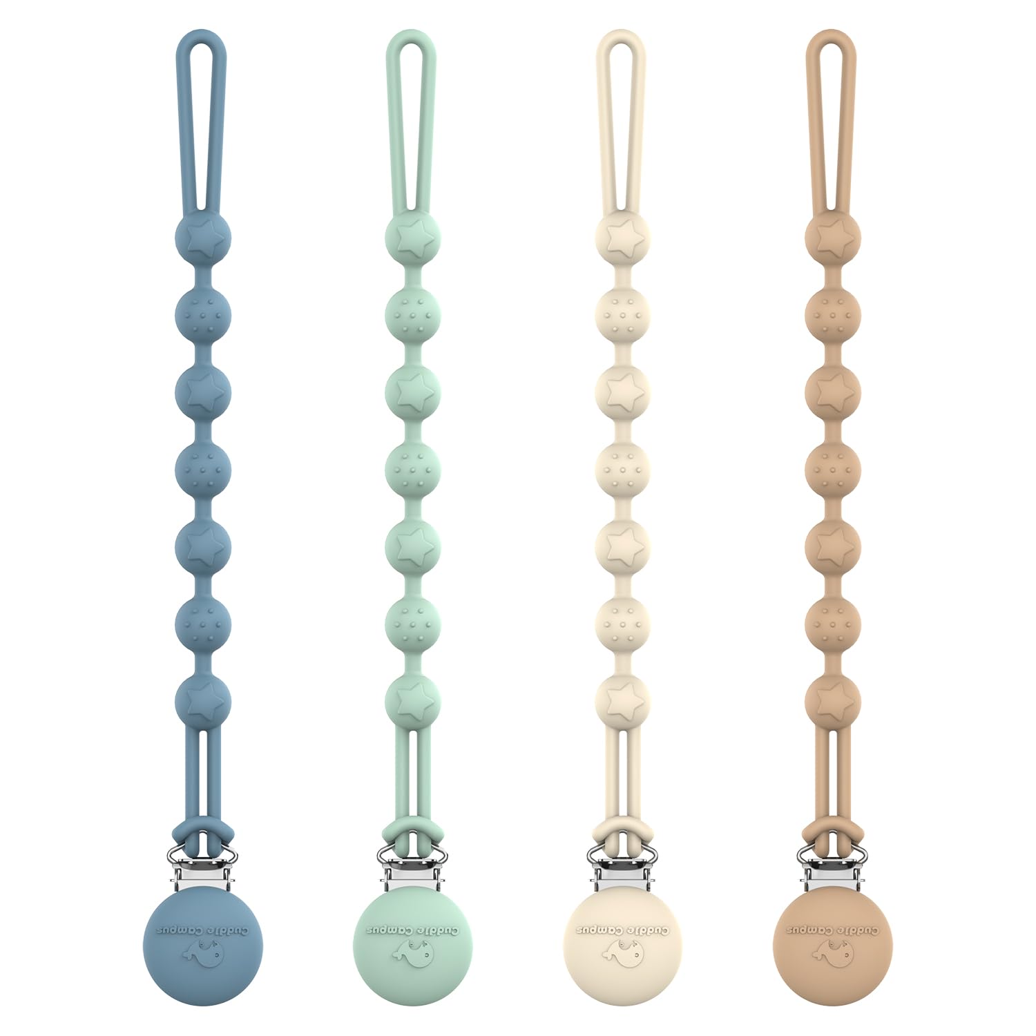 Photo 1 of Cuddle Campus Silicone Pacifier Clip Holder with One Piece Design, Pack of 4 Soft Flexible Binky Clips with Texture for Baby Boy and Girl Set 1(6M+)